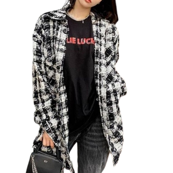 Charlie Luciano Jackets & Blazers - Charlie Luciano Tweed Over Shirt Black And White Plaid Button-Up With Front Sz M